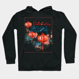 Red and Blue 2024 Celebration: Paintbrush Art of Chinese Lantern & Firework Hoodie